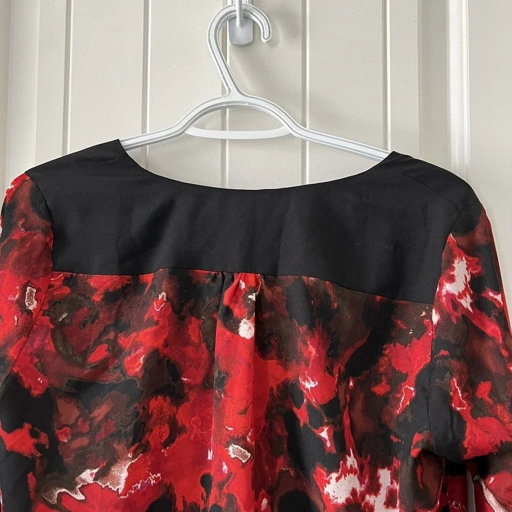 Vivienne Tam NWT Size 8 Red Black Draped Cowl Neck Long Sleeve Top Abstract Art - Picture 4 of 11